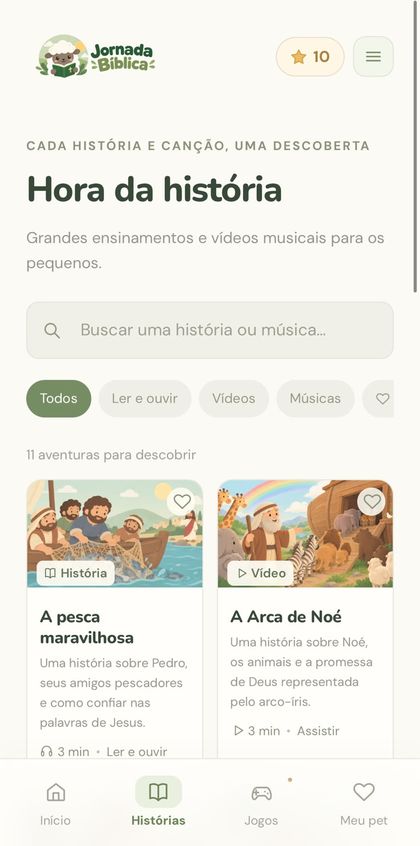 Lista de histórias: A pesca maravilhosa, A Arca de Noé, Jesus e as crianças, Rute e Noemi