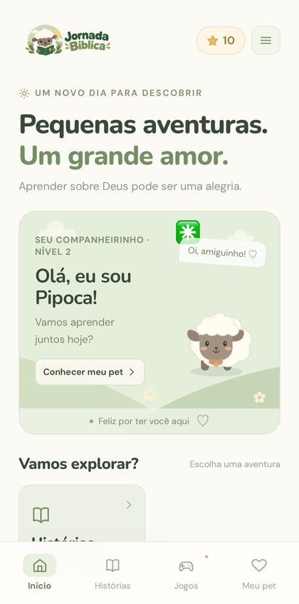 Tela inicial do app com a Pipoca dizendo: Olá, eu sou Pipoca! Vamos aprender juntos hoje?